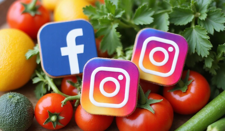 Iconos de redes sociales flotando sobre un fondo de frutas y verduras frescas, simbolizando la conexión y la nutrición.