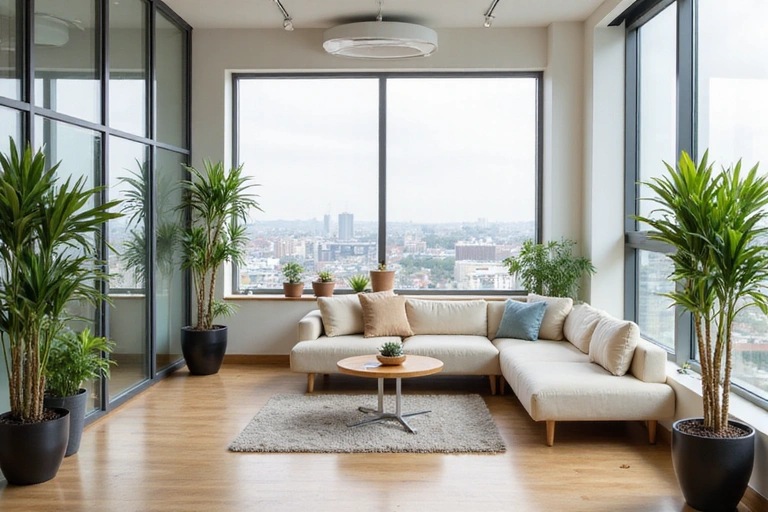 Oficina moderna de NutriSalud MX con un diseño limpio y plantas, reflejando un ambiente de bienestar.