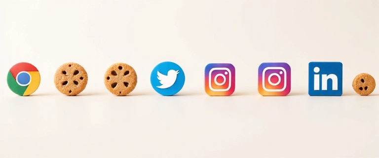 Iconos de diferentes plataformas de terceros como Google, Facebook, Twitter, representando cookies de terceros