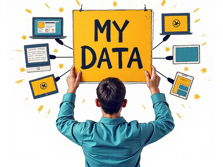Ilustración de una persona con un cartel que dice 'Mis Datos', simbolizando el control sobre la información personal
