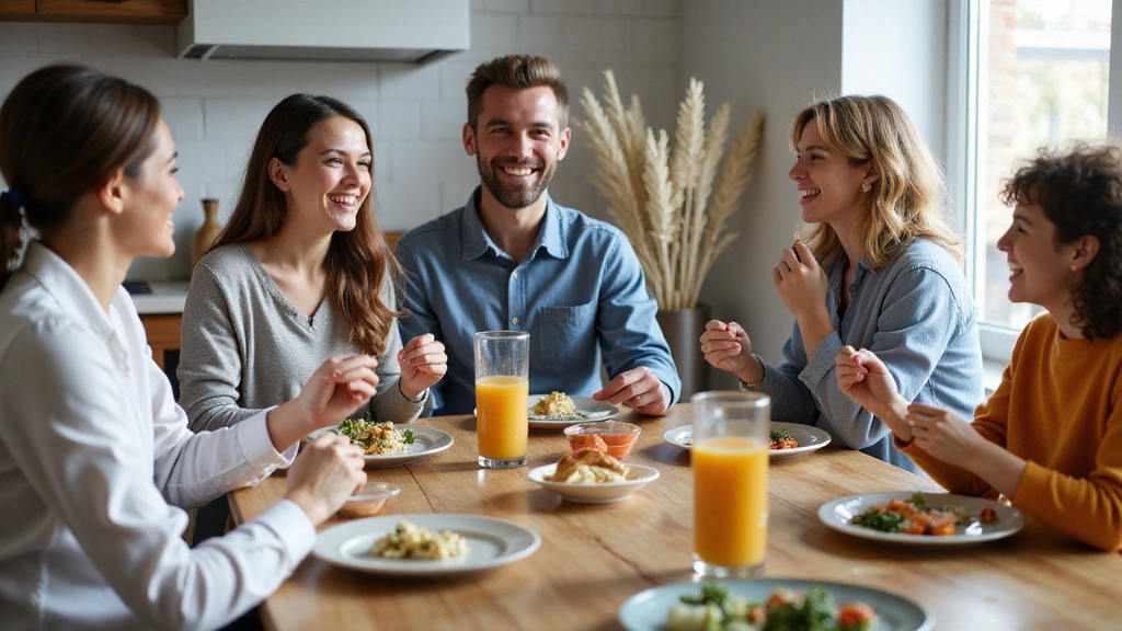 Grupo de personas sonriendo y comiendo alimentos saludables juntos, simbolizando bienestar y comunidad.