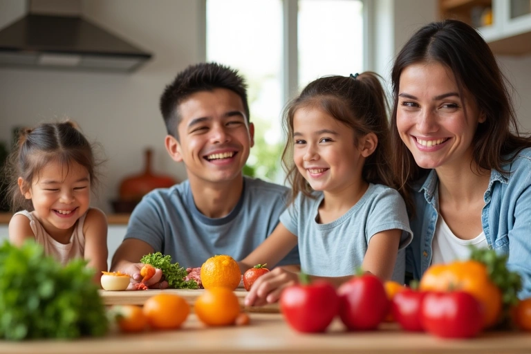 Familia feliz comiendo juntos alimentos saludables