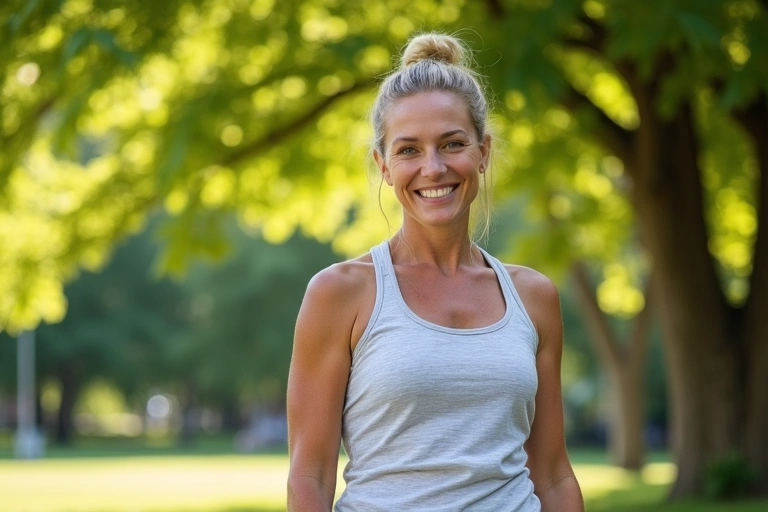 María después de su transformación, sonriendo y con energía